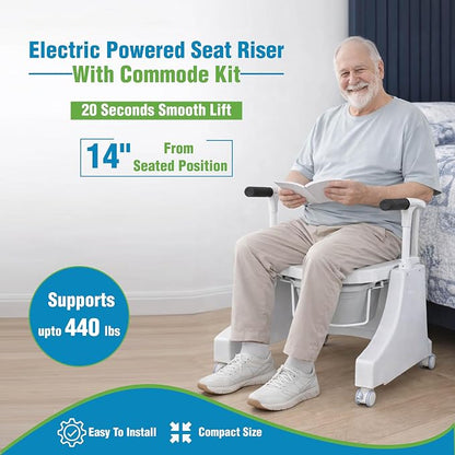 EaseLift Powered Toilet Lift Bedside Commode Kit Incl Electric Height Adjustable Elevated Seat Riser 440lbs Capacity Rechargeable Battery Incl