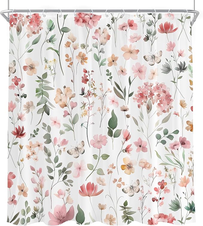 Pink Blush Coral Flower Floral Peach Watercolor Bathroom Shower Curtain Set | 72"W x 78"H Cute Wildflower; waterproof HD print, quick-dry fabric and plastic hooks for easy setup.