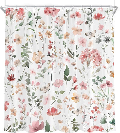 Pink Blush Coral Flower Floral Peach Watercolor Bathroom Shower Curtain Set | 72"W x 78"H Cute Wildflower; waterproof HD print, quick-dry fabric and plastic hooks for easy setup.