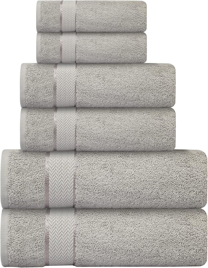 6 Piece 100% Cotton Bath Towel Set - 2 Bath - 2 Hand - 2 Face, Grey | 100% Cotton • Thick & Plush • Hotel Quality • Ultra Soft • Highly Absorbent • Quick Dry • Low Lint • Machine Washable