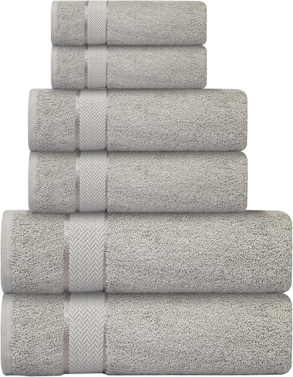 6 Piece 100% Cotton Bath Towel Set - 2 Bath - 2 Hand - 2 Face, Grey | 100% Cotton • Thick & Plush • Hotel Quality • Ultra Soft • Highly Absorbent • Quick Dry • Low Lint • Machine Washable