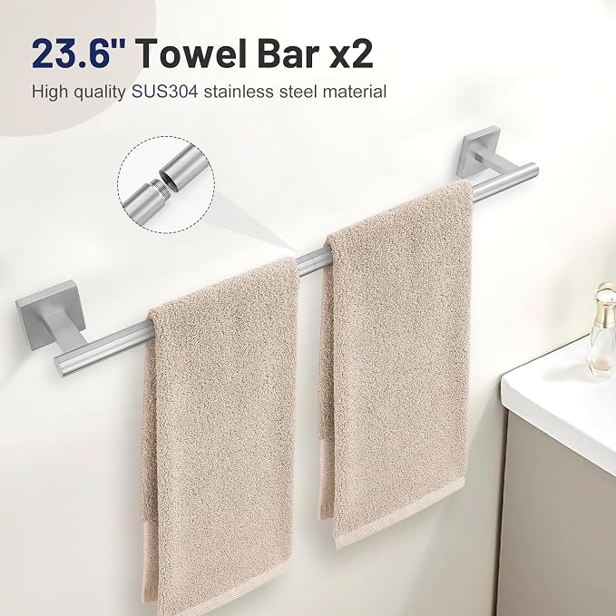 Lairuier 10-Piece Brushed Nickel Bathroom Accessories, Towel Bar Set | Bathroom Hardware Set Includes SUS304 23.6" Towel Bar, Towel Ring, Toilet Paper Holder and Towel Hooks Wall Mounted