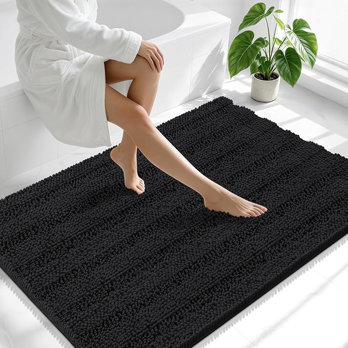 Smiry Thick Chenille Large Bathroom Runner Rugs 44x32, Soft Bath Mat, Black | Quick‑Dry & Machine Washable, Non‑Slip Bath Carpet, Striped Bath Rugs for Tub & Shower, Modern Home Decor Accessories