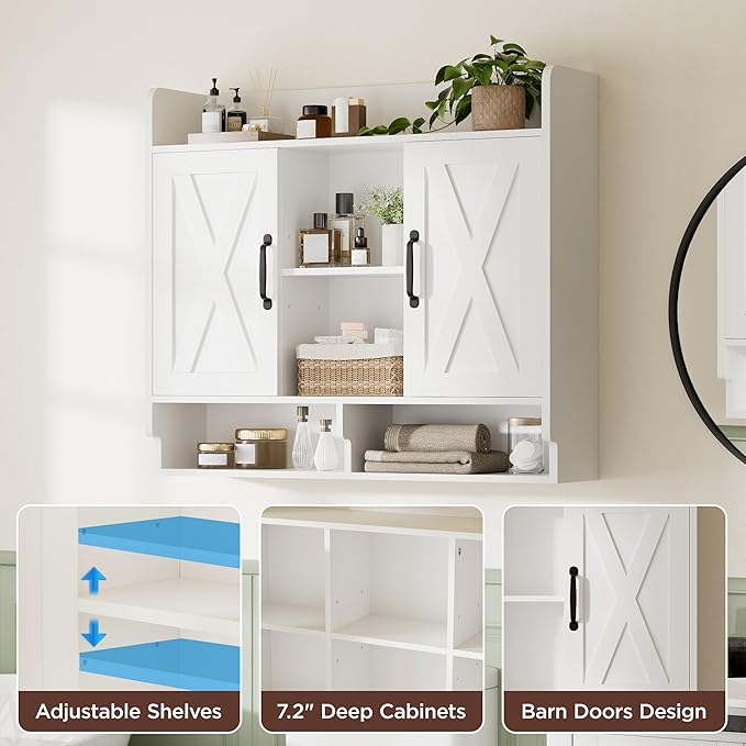 White Bathroom Wall Cabinet, Wall Mount Storage Cabinet, Floating Medicine Cabinet with 5 Open Shelves and 2 Deep Cabinets Over The Toilet for Laundry Room, Kitchen
