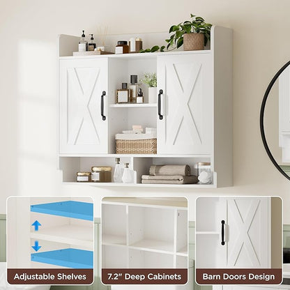 White Bathroom Wall Cabinet, Wall Mount Storage Cabinet, Floating Medicine Cabinet with 5 Open Shelves and 2 Deep Cabinets Over The Toilet for Laundry Room, Kitchen