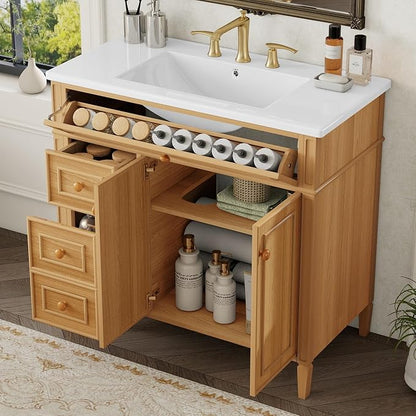 36" Modern Bathroom Vanity with Ceramic Sink, Tilt-Out Drawer & 2 Drawers, Solid Wood Frame Freestanding Storage Cabinet w/2 Soft-Close Doors & Adjustable Shelf, Rubberwood Handles, Wood