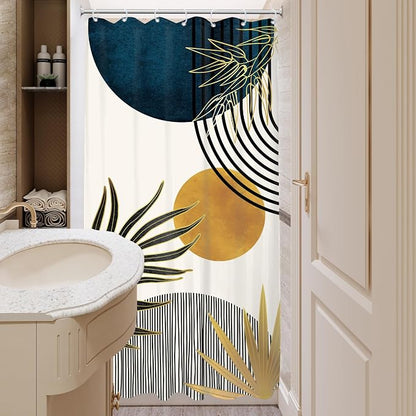 Stall Small Mid Century Blue Boho Abstract Bathroom Shower Curtain Set | 36Wx72L Plant design, waterproof HD print with fast-drying fabric and 12 hooks.