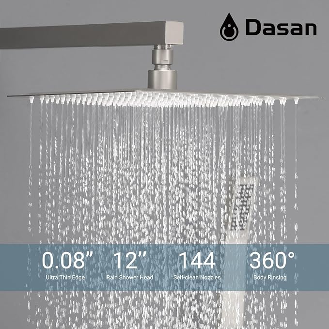 DASAN Full Body Shower System with 6 PCS Body Spray Jets & 12'' Rain Overhead Shower & Handheld, In-Wall Rain Shower System Brushed Nickel Shower Faucets Sets Complete with Valve, SA-SS03ABN-S12W