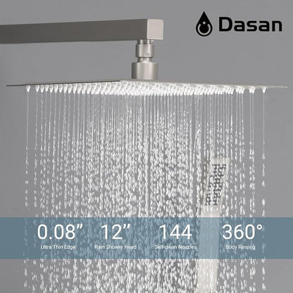 DASAN Full Body Shower System with 6 PCS Body Spray Jets & 12'' Rain Overhead Shower & Handheld, In-Wall Rain Shower System Brushed Nickel Shower Faucets Sets Complete with Valve, SA-SS03ABN-S12W