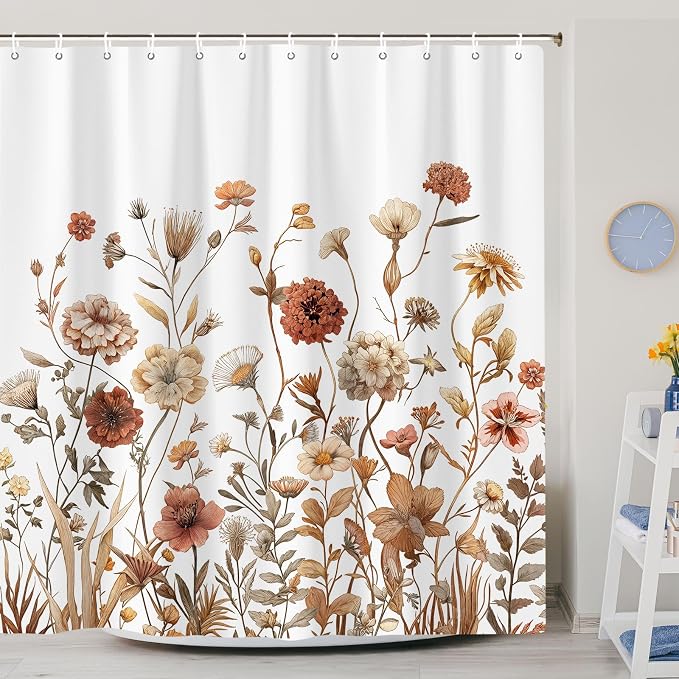 Vintage Boho White Floral Shower Curtain, Brown Cream Tan Rustic Farmhouse Flower Shower Curtain Set, Cute Botanical Wlidflowers Fabric Shower Curtains Decoration, 72X72 Aesthetic Bathroom Accessories