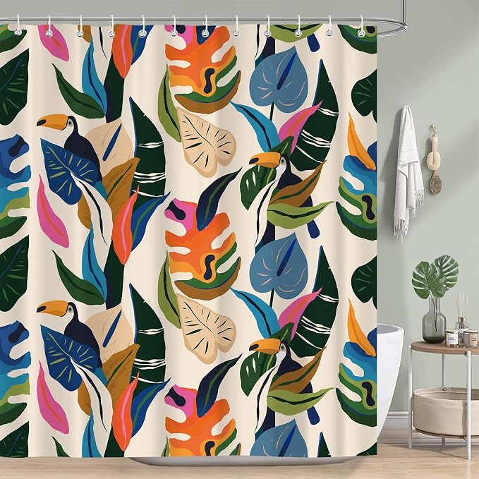 Colorful Leaf Shower Curtain, Boho Bird Abstract Art Jungle Plant Bathroom Curtain with 12 Hooks, Modern Asthetic Waterproof Polyester Fabric Bathroom Decor with Hooks 72x72 Inch