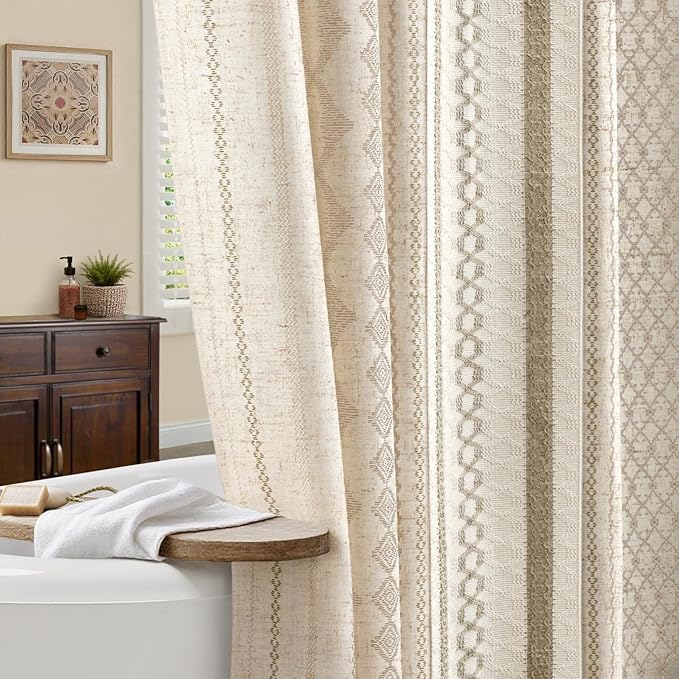 Beige Boho Linen Shower Curtain,72" W x 72" L | Linen Striped Print and Twine-Inspired Woven Center for Bathroom