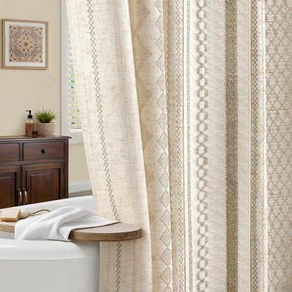 Beige Boho Linen Shower Curtain,72" W x 72" L | Linen Striped Print and Twine-Inspired Woven Center for Bathroom