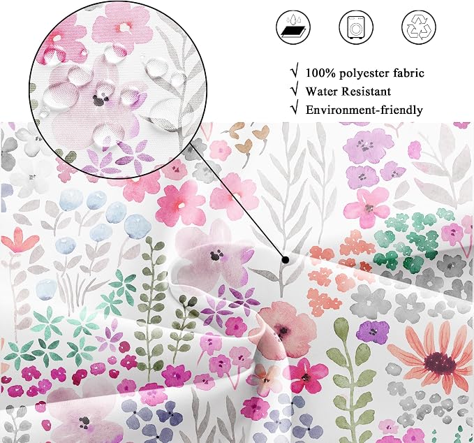 Extra Long Purple Floral Watercolor Colorful Bathroom Shower Curtain Set | 72"W x 84"H Boho Cute; waterproof HD print, quick-dry fabric with 12 hooks for easy hanging.
