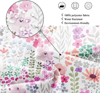 Extra Long Purple Floral Watercolor Colorful Bathroom Shower Curtain Set | 72"W x 84"H Boho Cute; waterproof HD print, quick-dry fabric with 12 hooks for easy hanging.