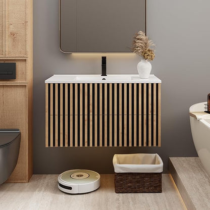 eclife 36" Floating Bathroom Vanity with Sink Combo, Modern Wall Mounted Cabinet with 2 Fluted Drawers, Undermount Sink, Faucet, Drain, Mixed Natural