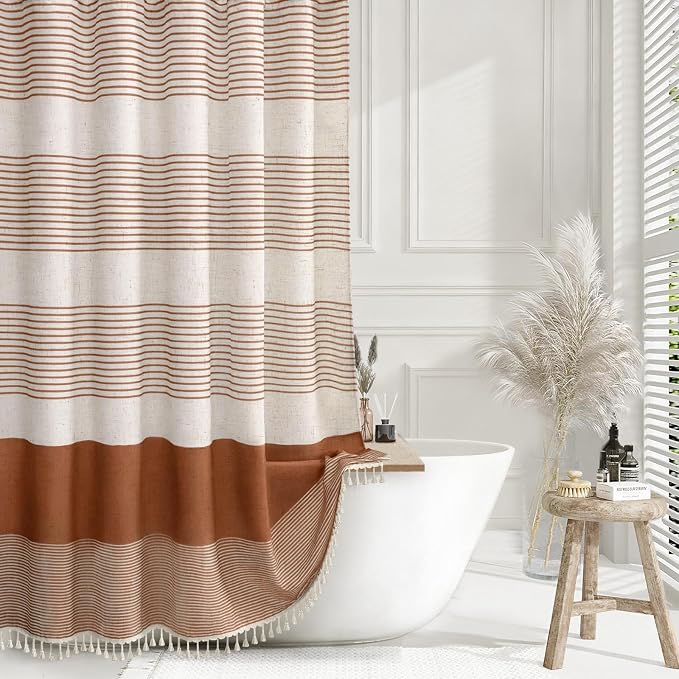 Fall Orange Boho Linen Striped Shower Curtain with Tassel 72"W X 72"L | Boho Farmhouse Shower Curtains with Linen Texture for Bathroom Decor