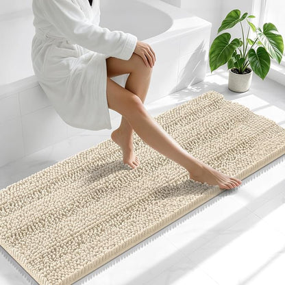 Smiry Thick Chenille Bathroom Runner Rugs 59x20, Absorbent Bath Mat, Sand | Quick‑Dry & Machine Washable, Non‑Slip Bath Carpet, Soft Striped Bath Rugs for Tub & Shower, Modern Home Decor Accessories