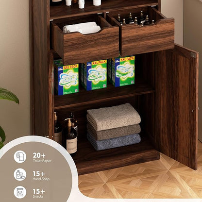 Walsunny Floor Storage Cabinet, Organizer with Doors and Drawers, Freestanding Side Cupboard Pantry with Adjustable Shelf for Bathroom/Living Room, Walnut Brown