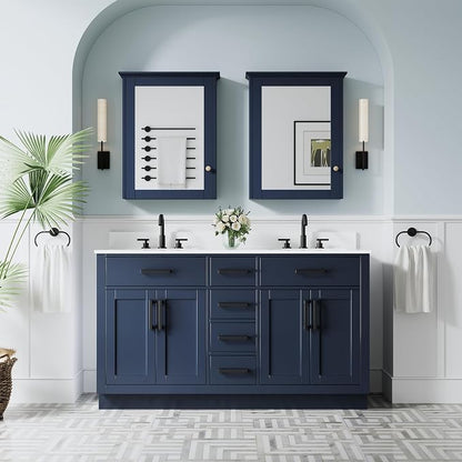 60-Inch Bathroom Vanity with Double Sinks W/ 4 Doors & 4 Drawers & 2 Flip Drawers, Navy Blue Vanity W/Matte Black Handles