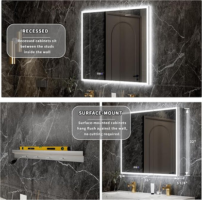 32x36 Lighted Medicine Cabinet with Mirror & Magnifier, LED Medicine Cabinet Mirror for Bathroom, Dimmable, Adjustable Color Temp, Defogger, Front&Backlit, Built-in Outlets, Soft Close DTC Hinges