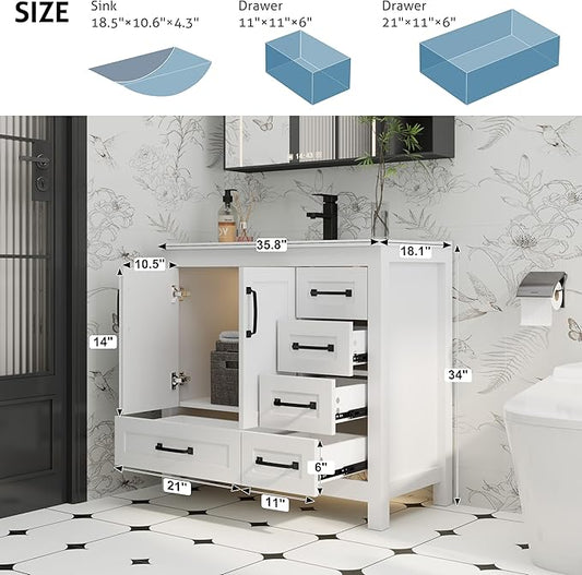 eclife 36" Bathroom Vanities with Sink Combo, Modern Thickened Wood Bathroom Storage Cabinet w/Undermount Sink, Matte Black Faucet Drain, Painted Surface, White
