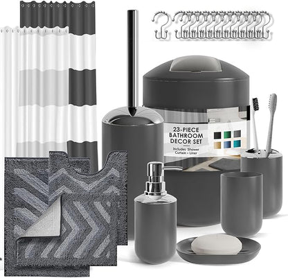 Clara Clark Bathroom Accessories Set - 23PC Shower Curtain Set with Bathroom Trash Can, Grey Bathroom Set, Bathroom Sets with Shower Curtain and Grey Rugs