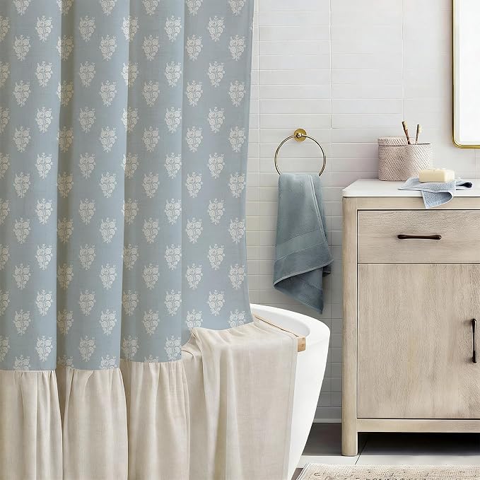 ORTIGIA Linen Textured Ruffle Shower Curtain with Metal Hooks, Blue Vintage Block Print Floral Boho Waterproof Bath Curtain for Rustic Farmhouse Bathroom Decor 72x72 Inch