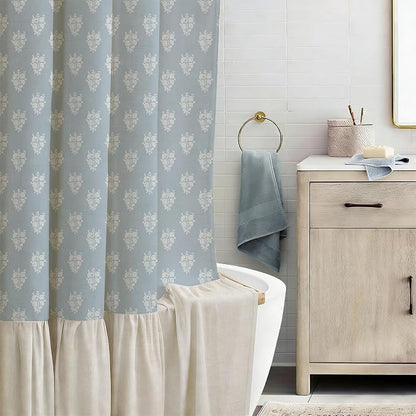 ORTIGIA Linen Textured Ruffle Shower Curtain with Metal Hooks, Blue Vintage Block Print Floral Boho Waterproof Bath Curtain for Rustic Farmhouse Bathroom Decor 72x72 Inch