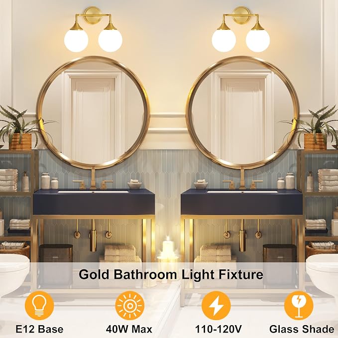 Brushed Gold Bathroom Light Fixtures Over Mirror Vanity 2-Light | Mid Century Modern Brushed Gold Wall Sconce with Milky White Glass Ball Shades for for Bathroom Dressing Table Bedroom
