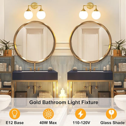 Brushed Gold Bathroom Light Fixtures Over Mirror Vanity 2-Light | Mid Century Modern Brushed Gold Wall Sconce with Milky White Glass Ball Shades for for Bathroom Dressing Table Bedroom