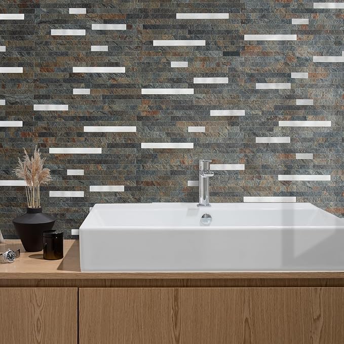 AULIGET 20 Sheets Rust Slate Peel and Stick Backsplash, PVC Mixed Metal Silver Wall Tile Stick on Backsplash for Kitchen and Bathroom