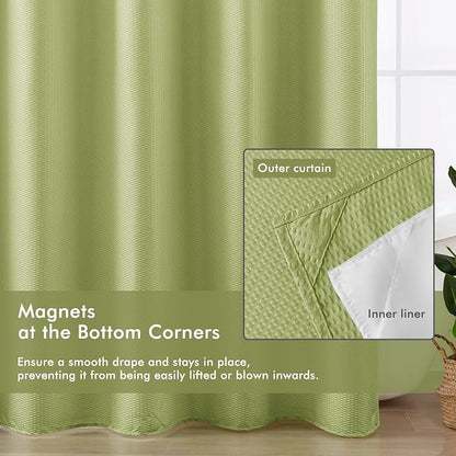 No Hook Shower Curtain with Snap-in Liner, Embossed Waffle Design Fabric Shower Curtain for Bathroom, Soft & Lightweight, 71x74, Sage Green