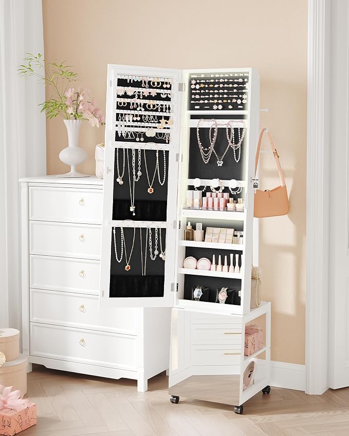 Hzuaneri Jewelry Cabinet with Light strip, 66.5-inch mirror Jewelry Armoire Standing with Garment Rack,Movable Full-length Mirror with Wheels,Lockable Storage Shelves with Hooks, White JC17103B