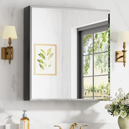 28 x 30 Inch Large Medicine Cabinet with Mirror, Black Aluminum Bathroom Cabinet with Storage, Oversized Single Door Tempered Beveled Glass, Recessed or Surface Mount, Adjustable Shelves