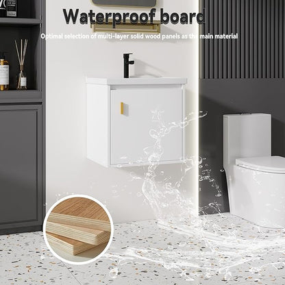 20'' Bathroom Vanity with Ceramic Sink Combo, Wall Mounted Small Bathroom Vanity with Soft-Close Door Modern Floating Cabinet, Pop-up Drain, P-Trap Included, White(No Faucet)