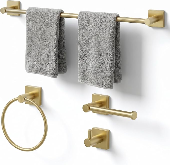 24-Inch Wall Mounted Towel Racks for Bathroom – Space Saver 4-Piece Durable Stainless Steel Bathroom Hardware Set with Towel Bar, Towel Ring, Toilet Paper Holder & Hook, Gold