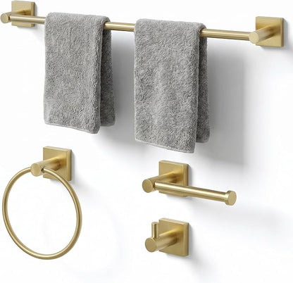 24-Inch Wall Mounted Towel Racks for Bathroom – Space Saver 4-Piece Durable Stainless Steel Bathroom Hardware Set with Towel Bar, Towel Ring, Toilet Paper Holder & Hook, Gold