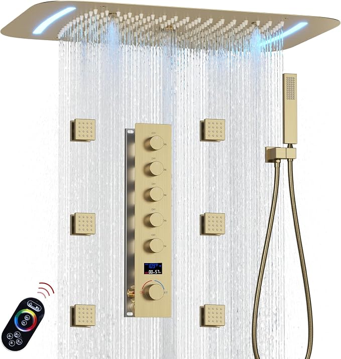3 Functions Shower Head System Brushed Gold Shower Faucet Set | 16X26 inch Ceiling Shower, 6 Body Jet, Handheld Shower, Temperature Display, 5 Functions Can All Run Together
