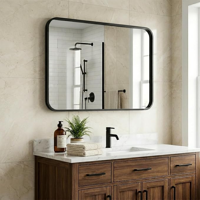 30x36 Inch Matte Black Rounded Rectangle Bathroom Vanity Mirror | For Over-Sink Bathrooms, Powder-Coated Iron Frame, Layered Shadow Box Look, Two-Way Mount, Protective Packaging