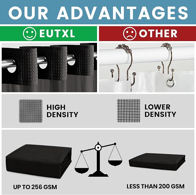 EUTXL Heavyweight No Hook Shower Curtain with Liner, Black, 54x80 | Snap in Liner, Thick Waffle Fabric, Hotel Quality, Corner Magnets, Waterproof & Washable