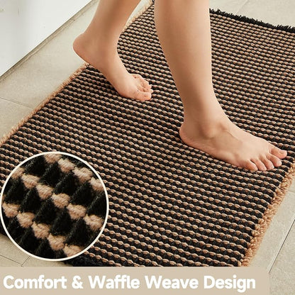TYUU Waffle Bath Mat, Small Boho Bathroom Rugs Non Slip 24x16 Khaki & Black | Super Absorbent Quick Dry Bath Rug, Non-Slip Backing, Soft Waffle Washable Farmhouse Bathroom Mats, Tub, Shower & Home Decor