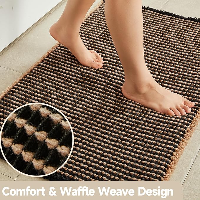 TYUU Waffle Bath Mat, Boho Bathroom Rugs Non Slip, 30x20 Khaki & Black | Super Absorbent Quick Dry Bath Rug, Non-Slip Backing, Soft Waffle Washable Farmhouse Bathroom Mats, Tub, Shower & Home Decor