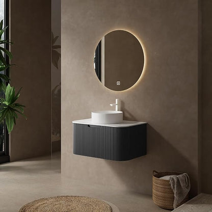 30'' Floating Vanity with Sink Combo, Modern Wall-Mounted Curved Edges Striped Bathroom Storage Cabinet with Soft-Close Drawer and White Artificial Marble Basin, Black