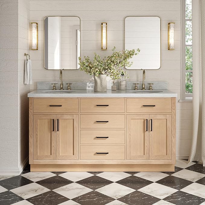 ARIEL Hepburn 66-inch Bathroom Vanity with Sink,Solid Wood, 1.5-inch Italian Carrara Marble Countertop & Backsplash, Double Oval Porcelain Sink, 4 Soft Closing Doors, 6 Dovetail Drawers, White Oak