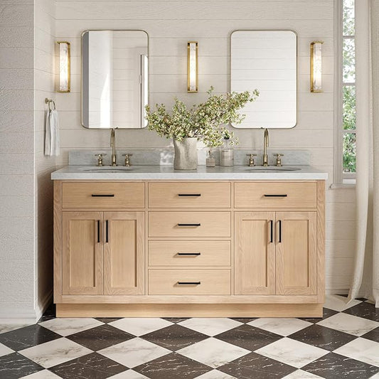 ARIEL Hepburn 66-inch Bathroom Vanity with Sink,Solid Wood, 1.5-inch Italian Carrara Marble Countertop & Backsplash, Double Oval Porcelain Sink, 4 Soft Closing Doors, 6 Dovetail Drawers, White Oak