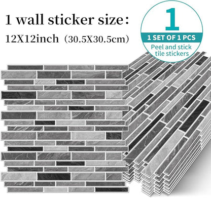 Alwayspon 10 Sheets 12" x12inch Grey Marble Effect Vinyl Tiles, Backsplash, Self-Adhesive Peel and Stick Wall Tile Stickers, Stick on Subway Tiles for Kitchen Bathroom Wall Decor