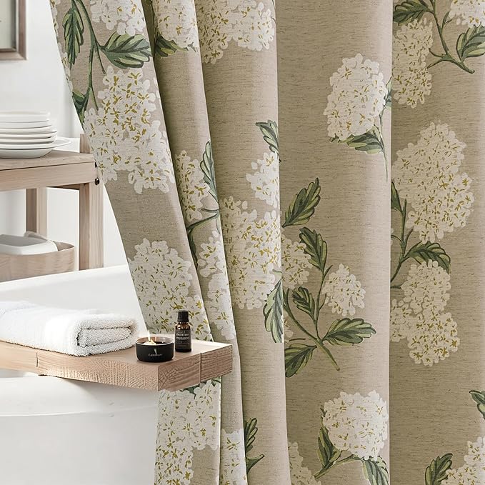 ORTIGIA Linen Textured Ruffle Shower Curtain with Metal Hooks, Off-White Cream Floral Hydrangea Waterproof Bath Curtain for Rustic Farmhouse Bathroom Decor 72x72 Inch