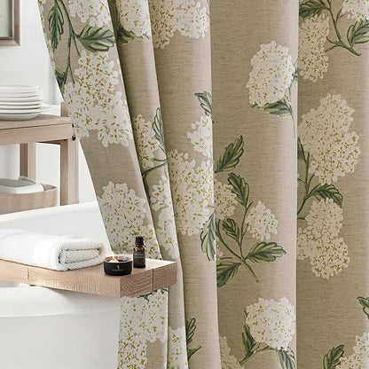 ORTIGIA Linen Textured Ruffle Shower Curtain with Metal Hooks, Off-White Cream Floral Hydrangea Waterproof Bath Curtain for Rustic Farmhouse Bathroom Decor 72x72 Inch