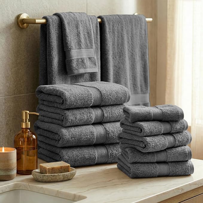 SUPERIOR Egyptian Cotton Ultra Plush & Absorbent, 12 Piece Set, Charcoal | Heavyweight 12 Pc Egyptian Cotton Towel Set Includes 4 Bath Towels 4 Hand Towels 4 Washcloths Decorative Rope Border